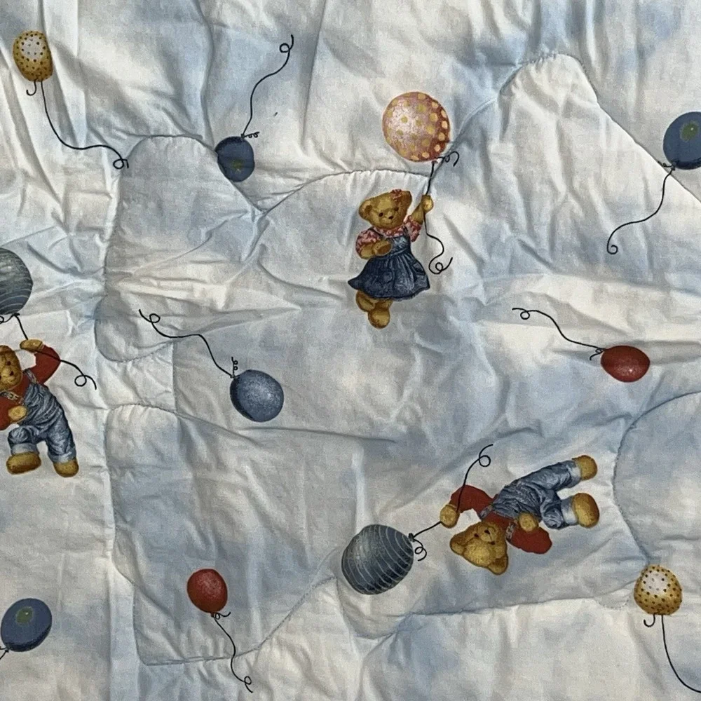 Vtg Blue Jean Teddy Bear Blanket Quilt Hot Air Balloon Baby Nursery Wall 41 X 30